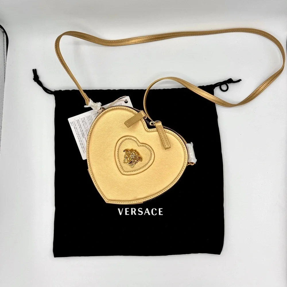 NWT Versace Heart Medusa Crossbody Strap Bag Gold Leather Kids Purse Logo Plaque
